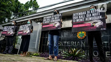 Aktivis dari PETA melakukan aksi mengecam pemotongan sapi di depan Kementerian Pertanian, Jakarta, Kamis (11/11/2021). Mereka meminta publik menjadi vegan dengan menolak mengkonsumsi daging sapi karena menemukan kejanggalan beberapa rumah potong hewan (RPH) di Indonesia. (Liputan6.com/Faizal Fanani)