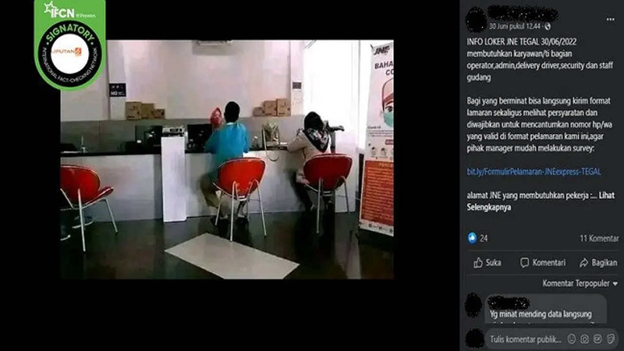 Gambar Tangkapan Layar Informasi Hoaks soal Lowongan Kerja di JNE Tegal (sumber: Facebook).
