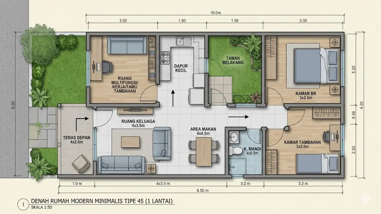 Denah Rumah 1 Lantai Tipe 45 dengan 2 Kamar dan Ruang Multifungsi