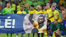 Para pemain Brasil membentangkan spanduk dukungan untuk Pele yang sedang sakit pada akhir pertandingan sepak bola babak 16 besar Piala Dunia 2022 antara Brasil dan Korea Selatan di Stadium 974, Doha, Qatar, 5 Desember 2022. (AP Photo/Andre Penner)