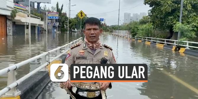 VIDEO: Viral, Polisi Laporkan Banjir Jakarta Sambil Pegang Ular