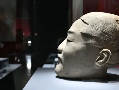 Bagian kepala patung dari prajurit terakota di Museum Shandong di Jinan, Provinsi Shandong, China timur (24/4/2020). Sebuah pameran yang menampilkan prajurit-prajurit terakota dan lebih dari 140 relik lainnya akan segera diselenggarakan di museum tersebut. (Xinhua/Zhu Zheng)