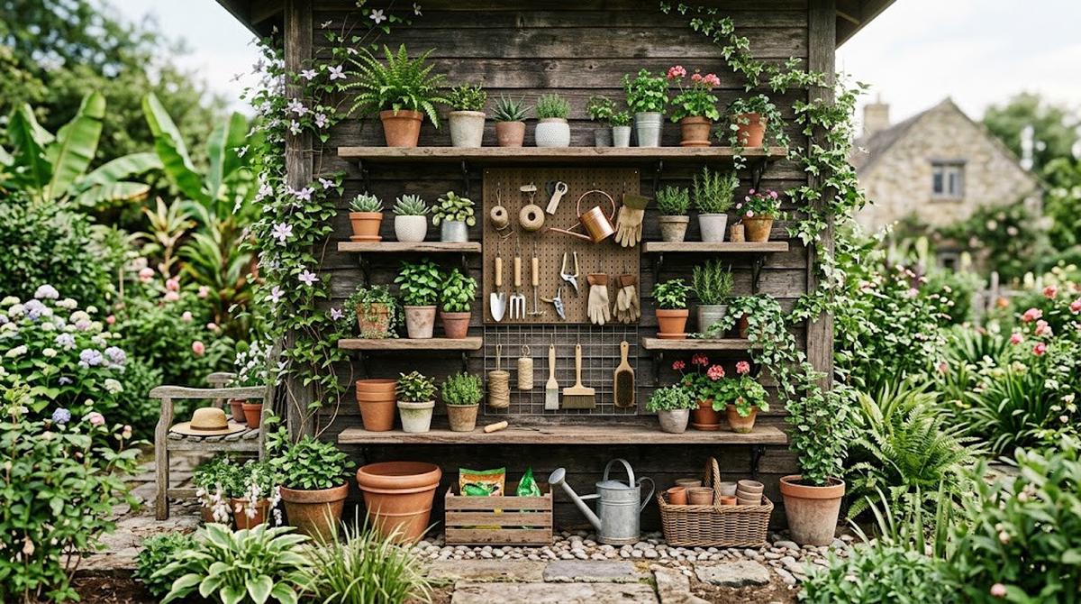 Ide Tempat Penyimpanan Pot dan Alat Berkebun yang Menyatu dengan Taman/AI Generated