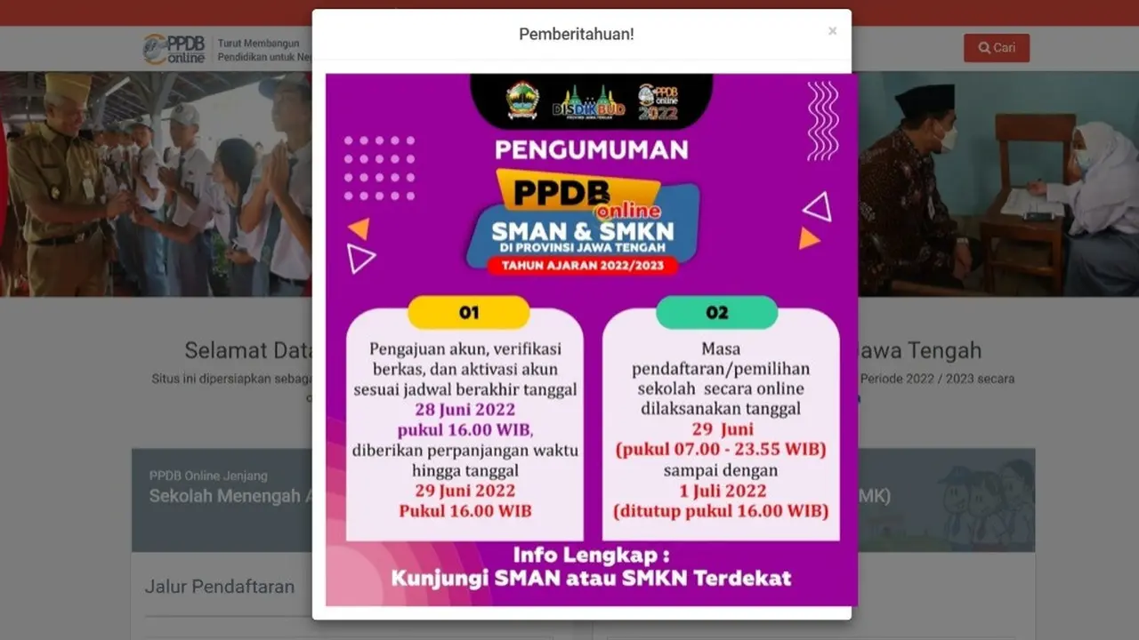 Pendaftaran PPDB Jateng 2022 Dibuka Secara Daring Mulai Hari Ini Rabu 29 Juni.