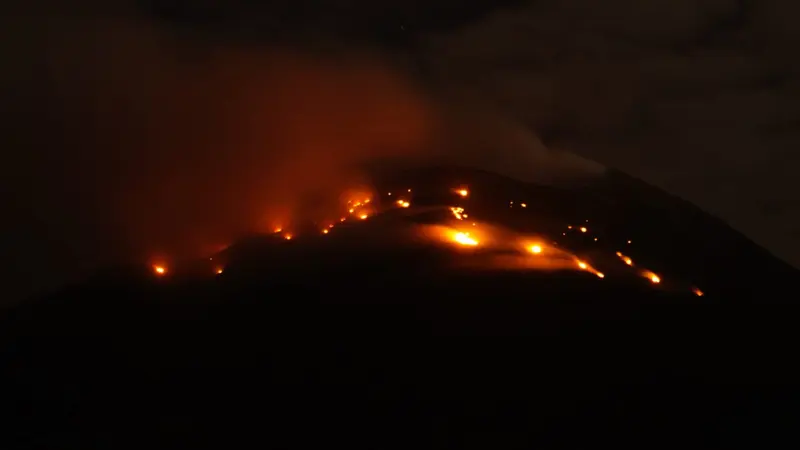 Gunung Ile Lewotolok di Kabupaten Lembata, Provinsi Nusa Tenggara Timur (NTT) kembali erupsi dan disertai lontaran material pijar,membakar vegetasi hutan di bagian Selatan -Barat Daya. (Foto Istimewah)