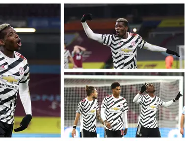 Selebrasi pemain Manchester United, Paul Pogba usai mencetak gol saat mengenakan jersey tandang yang bermotif hitam-putih. (Foto: AFP & AP)