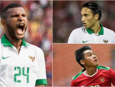 Berikut ini tiga pemain timnas Indonesia yang diharapkan mampu mencetak banyak gol ke gawang Kamboja. Diantaranya, Marinus Wanewar, Septian David Maulana dan Ezra Walian. (Bola.com/Vitalis Yogi Trisna)