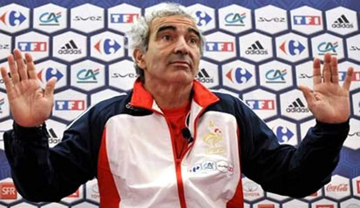 French national football team coach Raymond Domenech gestures during a press conference, on June 14 2008, in Chatel-Saint-Denis. AFP PHOTO / FRANCK FIFE