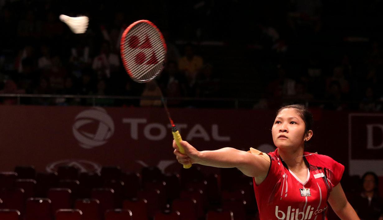 Aksi Lindaweni Fanetri di gim ketiga. (Bola.com/Arief Bagus)