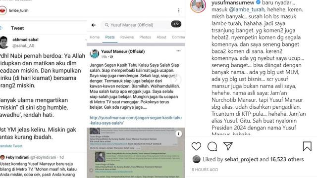 Kontroversi ucapan Ustaz Yusuf Mansur yang viral di Twitter (https://www.instagram.com/p/CNyJTILM57h/)