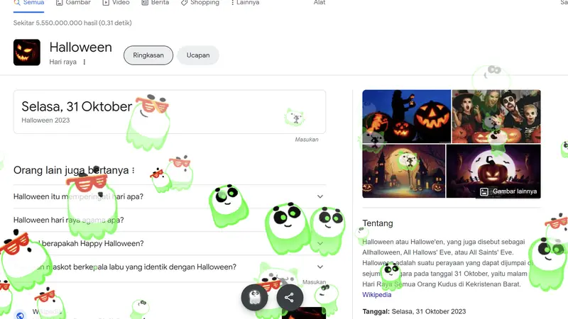 Google Search tampilkan animasi hantu-hantu lucu saat pengguna mengetikkan kata Halloween (Tangkapan layar Google.com)