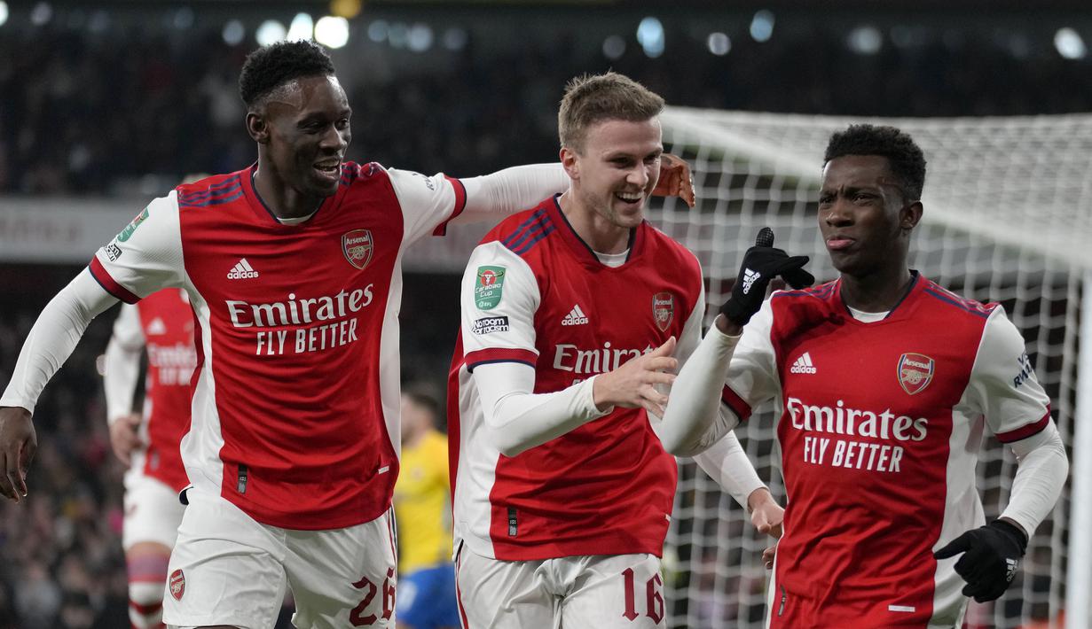 Langkah Arsenal di ajang Carabao Cup belum terhenti. Menjamu Sunderland di markasnya sendiri, The Gunners berhasil memetik kemenangan besar lewat aksi para pemain mudanya. (AFP/Glyn Kirk)