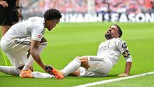 Bek Real Madrid asal Spanyol bernomor punggung 02, Dani Carvajal, bereaksi di lapangan selama pertandingan Liga Spanyol antara Club Atletico de Madrid dan Real Madrid CF di stadion Metropolitano di Madrid pada 27 September 2025. (Javier SORIANO/AFP)