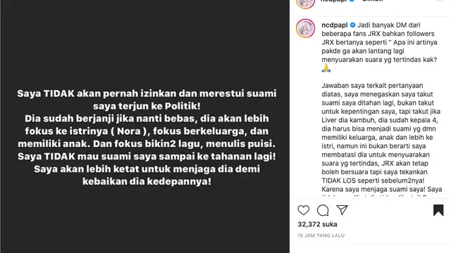 Nora Alexandra Tegaskan Tak Akan Restui Jerinx SID Terjun ke Politik