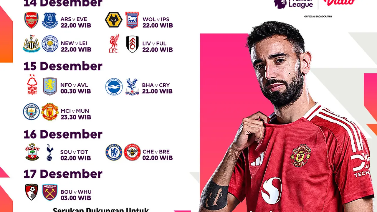 Jadwal Pertandingan Liga Inggris 2024/25 Matchweek ke 16 di Vidio