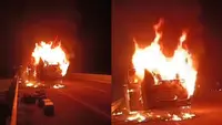 Detik-Detik Bus Arya Prima Terbakar di Tol Trans Sumatra