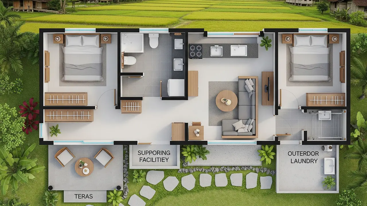Desain Denah Rumah Minimalis di Desa 2 Kamar
