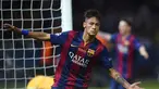 Penyerang Barcelona Neymar da Silva Santos melakukan selebrasi usai mencetak gol ke gawang Juventus di Final Liga Champions, Olympic Stadium, Berlin, Minggu (7/6/2015). Barcelona mengalahkan Juventus dengan skor 3-1. (AFP Photo/Patrik Stollarz)