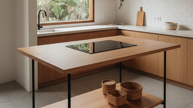 Mesa de cocina minimalista de frutas de madera (Gemini AI)