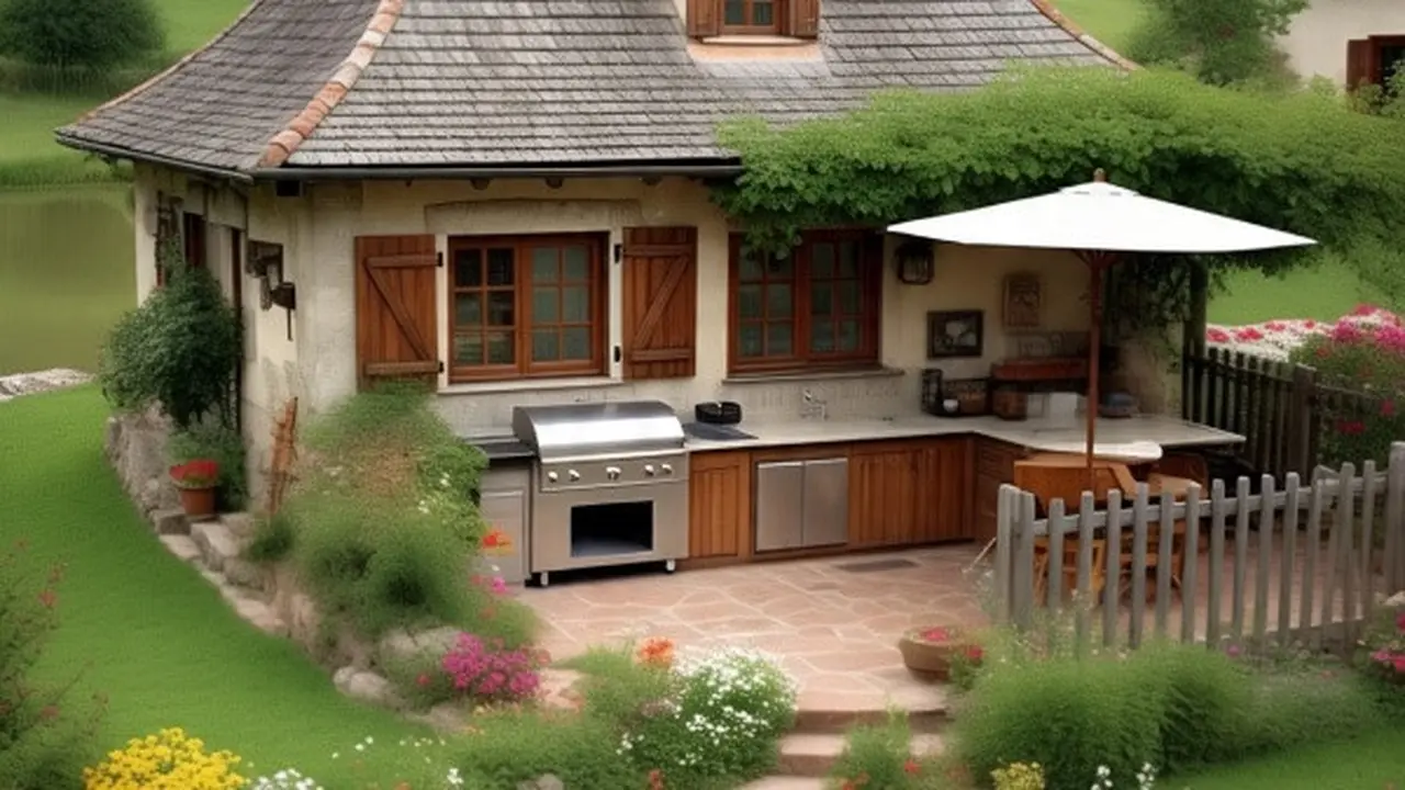 Model rumah sederhana di desa dengan dapur terpisah yang nyaman dan fungsional (Sumber Gambar: Meta AI)