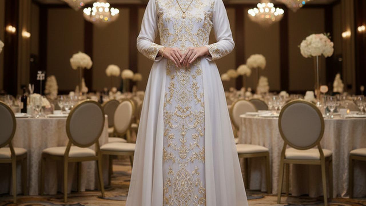 Model Gamis Cloud Dancer Kombinasi Gold untuk Kondangan Glamor