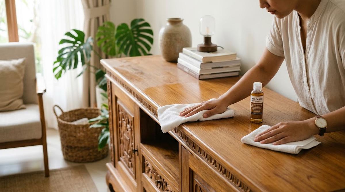 Ilustrasi Cara Membersihkan Debu di Furnitur Kayu Jati/AI Generated