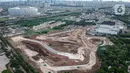 Foto udara progres pembangunan Jakarta International E-Prix Circuit (JIEC) di kawasan Taman Impian Jaya Ancol, Jakarta, Kamis (24/2/2022). Menurut PT Jakarta Propertindo pembangunan JIEC yang ditargetkan selesai dalam waktu tiga bulan itu kini telah mencapai 28 persen. (Liputan6.com/Herman Zakharia)