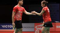 Praveen Jordan/Melati Daeva Oktavianti mengalahkan ganda China, Xiangyu Ren/Chaomin Zhou, 21-13, 21-19, pada babak pertama Malaysia Masters 2019 di Axiata Arena, Rabu (16/1/2019). (PBSI)