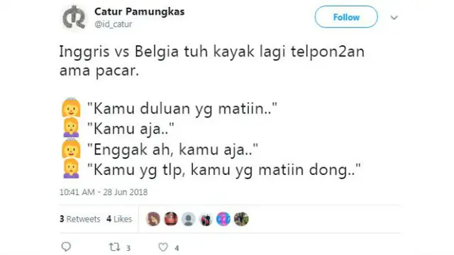 Di dunia maya, warganet menanggapi pertandingan Inggris lawan Belgia tersebut melalui cuitan-cuitan kocak.