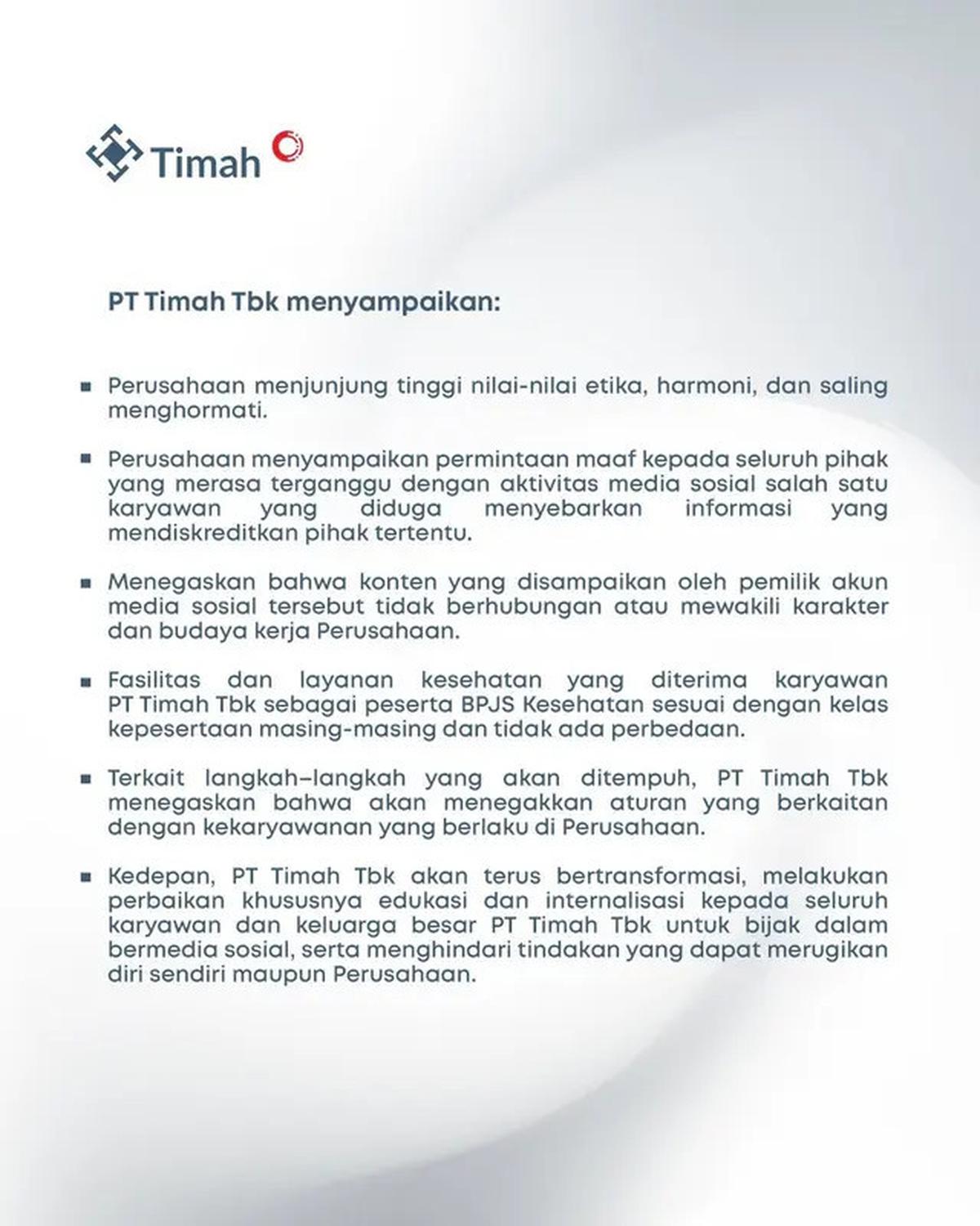 PT Timah Tbk Rilis Pernyataan Permintaan Maaf usai Video TikTok Karyawannya Viral, Bakal Lebih Tegas Tegakkan Aturan