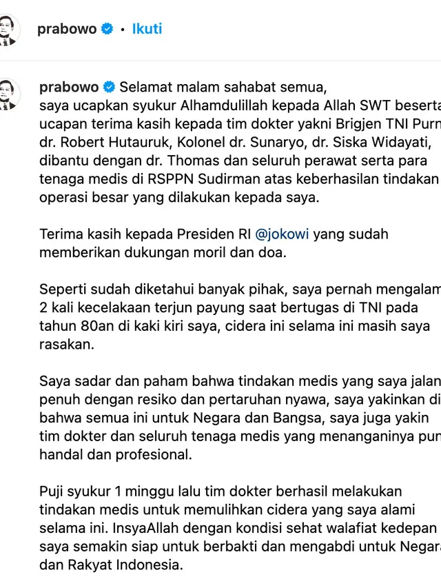 Unggahan Prabowo. (Foto: Dok. Instagram @prabowo)