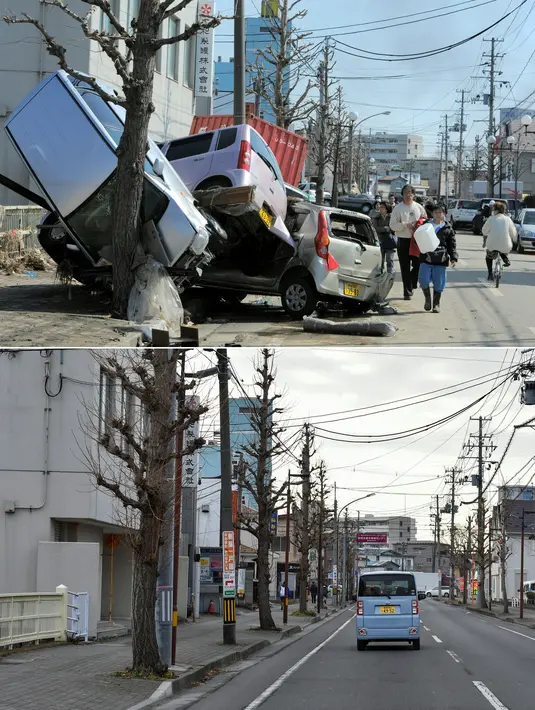 Foto kombinasi menunjukkan orang-orang (atas) berjalan melewati mobil yang rusak di jalan di daerah yang dilanda tsunami di Tagajo, Prefektur Miyagi pada tanggal 13 Maret 2011; dan area yang sama (bawah) hampir 10 tahun kemudian pada tanggal 26 Januari 2021. (AFP/Kazuhiro Nogi, Kim Jae-Hwan)