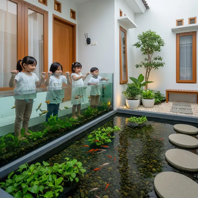 Desain Kolam Ikan Ramah Anak di Rumah Minimalis Model Kolam Ikan dengan Pembatas Kaca