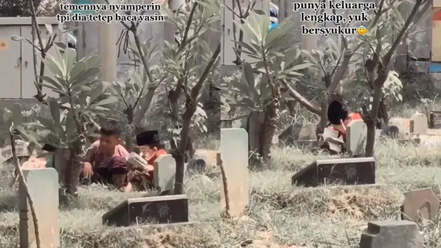 Potret seorang anak baca surat Yasin saat jalani ziarah kubur jelang Ramadan.