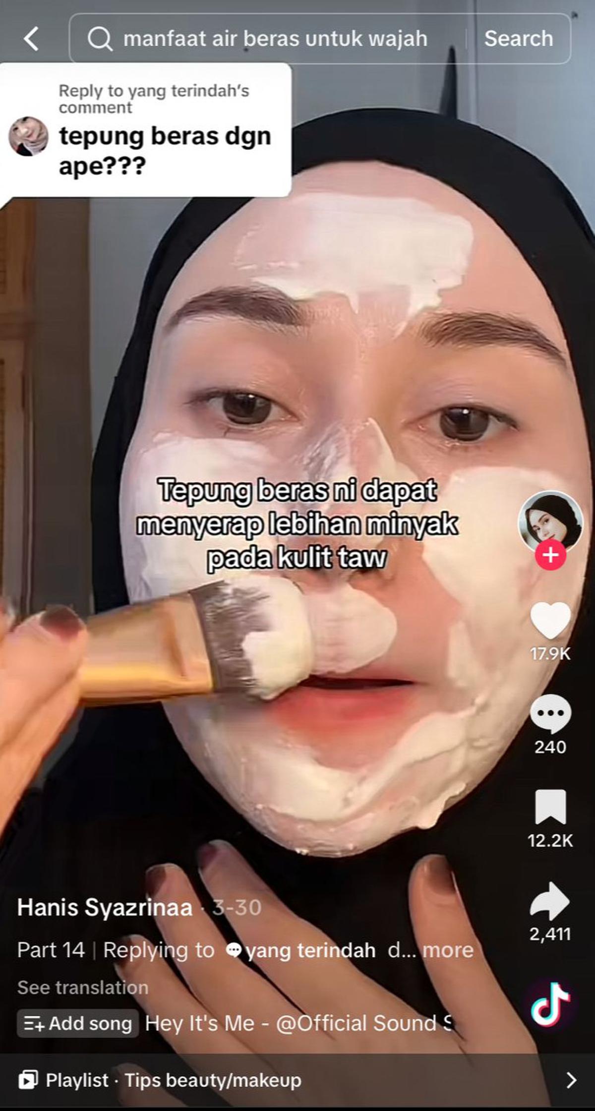 Cara Penggunaan Masker Tepung Beras. (foto: TikTok/hanisyaazrinaa).