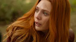 Aktris Elizabeth Olsen saat beradegan dalam film Avengers Infinity War. Film ini adalah sekuel dari The Avengers dan Avengers: Age of Ultron, serta merupakan film kesembilan belas dalam Marvel Cinematic Universe (MCU). (Marvel Studios via AP)