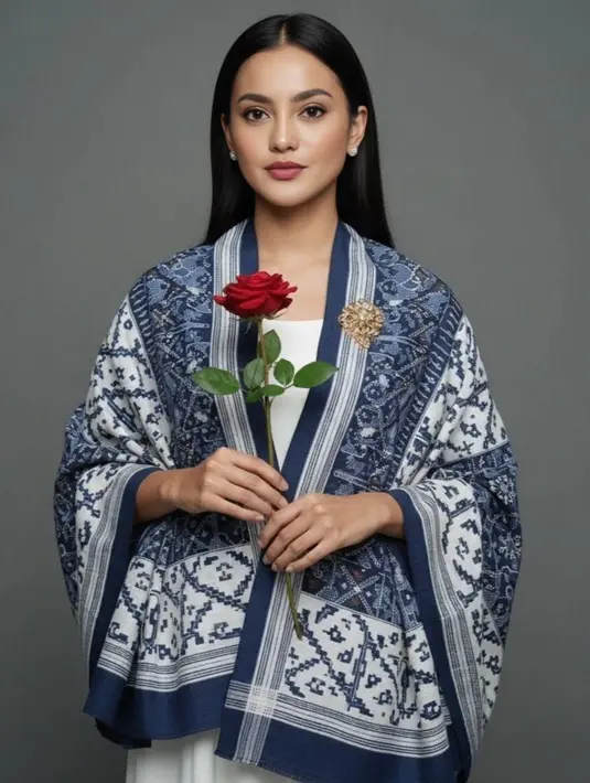 Gunakan AI, Ririn Ekawati kenakan Batik tradisional Jawa Tengah biru putih sebagai outer. Outer Batik ini melapisi outfit putih di baliknya [@ririnekawati]