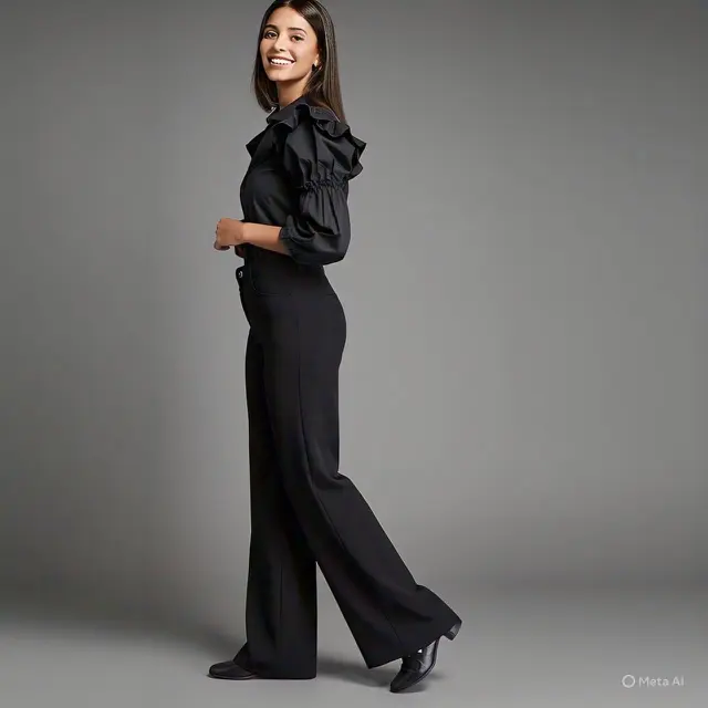 Kemeja Hitam dengan Aksen Detail (Ruffle/Puff Sleeve): Playful Professional