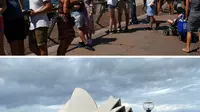 Warga berjalan di sepanjang Sydney Harbour dengan latar belakang pemandangan Sydney Opera House di Sydney pada 30 Desember 2017 (atas) dan pada 8 Maret 2020. (Saeed KHAN/AFP)