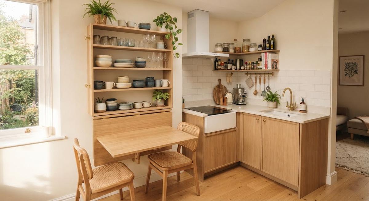 Ide dapur kecil dengan meja makan lipat yang cocok buat rumah minimalis model dengan rak penyimpanan