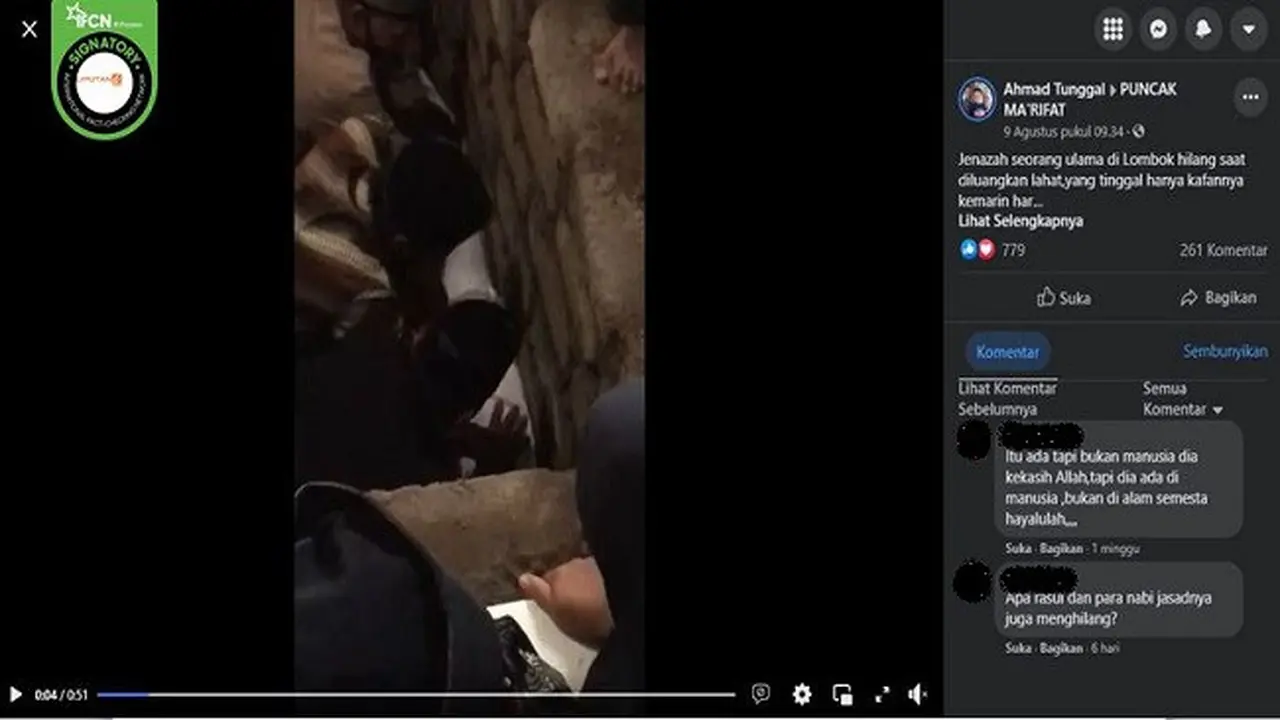 Gambar Tangkapan Layar Video yang Diklaim Jenazah Seorang Ulama di Lombok Hilang Saat Dikubur (sumber: Facebook).