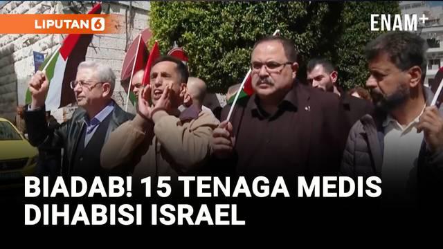 Ribuan warga Palestina turun ke jalan di Ramallah, Tepi Barat, Sabtu (5/4), mengecam perang di Gaza dan pembunuhan brutal terhadap 15 tenaga medis oleh pasukan Israel.