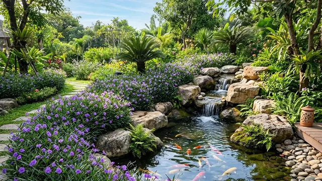 Inspirasi Kolam Minimalis dengan Tanaman Pinggir Berwarna Ungu