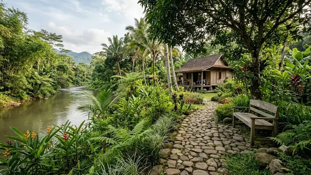 Inspirasi Rumah dengan Kebun Menghadap Sungai