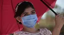 Seorang pengantin perempuan yang mengenakan masker menutupi dirinya dari matahari dengan payung saat pernikahan massal di Managua, Nikaragua, Minggu (14/2/2021). Sekitar 400 pasangan mengatakan "I do" pada Hari Valentine pada acara nikah massal gratis. (AP Photo/Diana Ulloa)