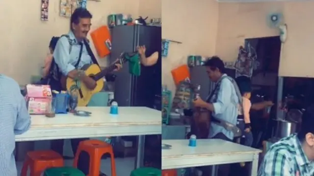 Pria Paruh Baya Ngamen Sambil Gendong Bocah