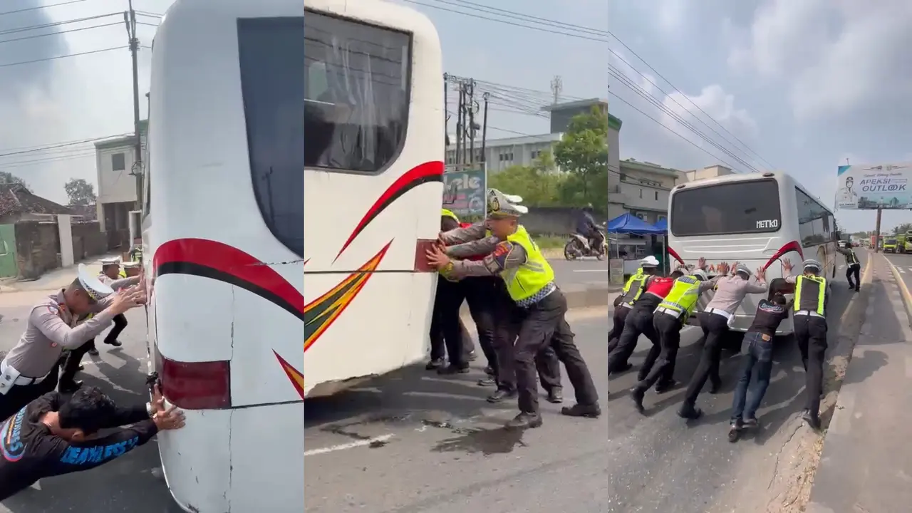 Aksi Heroik Polantas di Lampung Selatan, Dorong Bus Mogok demi Cegah Kemacetan