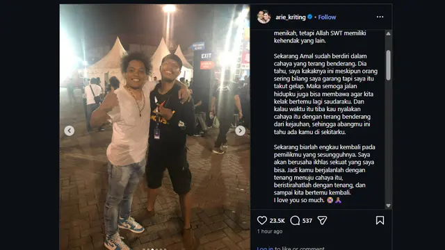 Postingan Instagram Arie Kriting tentang mendiang Amal Buton. (Instagram.com/arie_kriting)