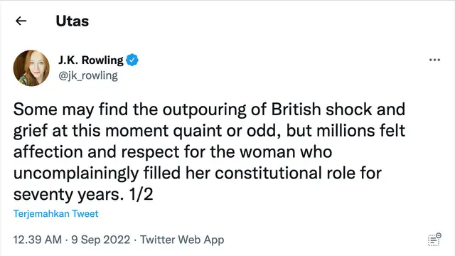 Cuitan JK Rowling soal Ratu Elizabeth II meninggal dunia. (Foto: Dok. Twitter @jk_rowling)