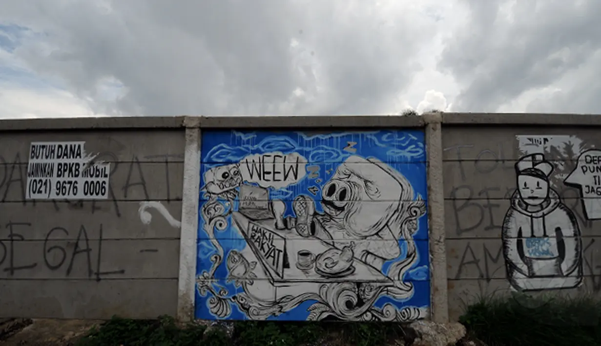Salah satu pesan bernada satire dilukiskan di tembok pembatas yang ada di Jalan Juanda, Depok, Jawa Barat. Foto diambil pada Senin (2/3/2015). (Liputan6.com/Helmi Fithriansyah)